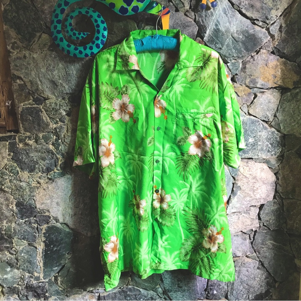 V.H.O.  Green Funky HAWAIIAN Short Sleeve SHIRT Button Down TROPICAL Size 2XL
